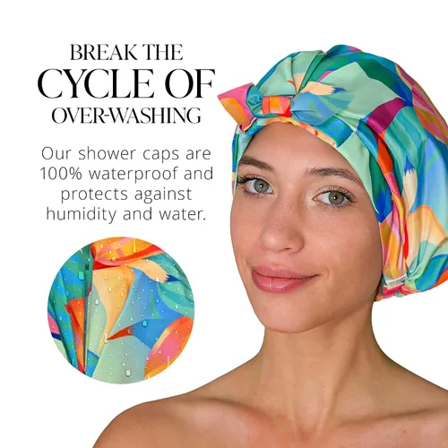 Miniatura 6 de GRACE & COMPANY Gorro de ducha de lujo para mujer, 100% impermeable, reutilizable, lavable y transpirable, diseño de pájaros del paraíso