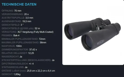 Miniatura 9 de Celestron Binocular Porro Echelon 20x70 - Binocular de gran apertura para exteriores y astronomía - Revestimiento XLT totalmente multicapa