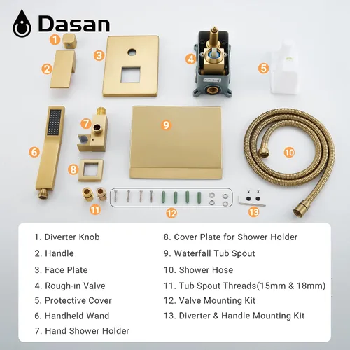 Miniatura 8 de DASAN - Grifo de llenado de bañera de montaje en pared mejorado con ducha de mano, grifo de bañera moderno montado en la pared, dorado cepillado