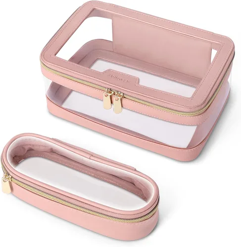 Miniatura 9 de Soimeat Bolsa de maquillaje transparente de viaje con bolsa para brochas de maquillaje, estuche de maquillaje de cuero, bolsa de cosméticos Blanco