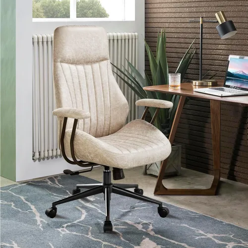 ovios Silla de oficina ergonómica, respaldo alto de piel sintética con reposabrazos, cómodo sillón giratorio moderno de mediados de siglo para