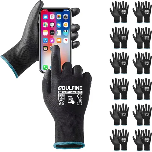 Miniatura 27 de DULFINE Guantes de trabajo de seguridad con revestimiento de poliuretano para hombres y mujeres - 12 pares, guante de punto sin costuras negro