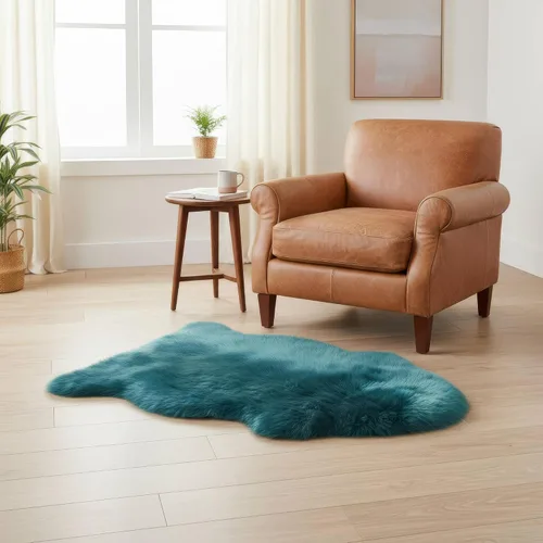 Miniatura 5 de Alfombra de Piel de Oveja Genuina Azul Playa de 2x3 pies, Alfombra de Acento de Piel Real Suave de Una Sola Piel para Silla, Funda de Asiento