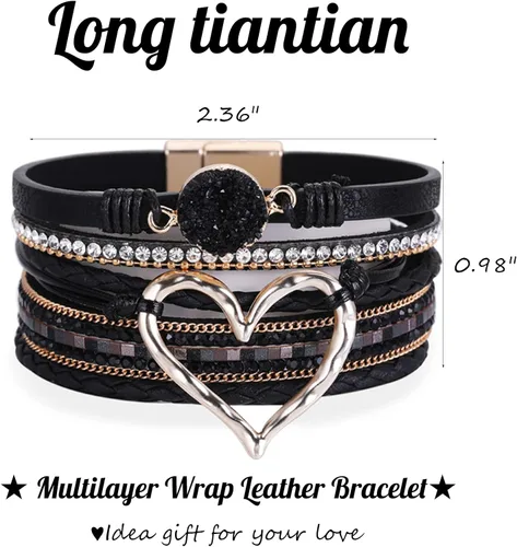 Miniatura 2 de Long tiantian Pulsera de cuero multicapa con corazón moderno bohemio con cierre magnético y diamantes de imitación para mujer, Cobre, otro