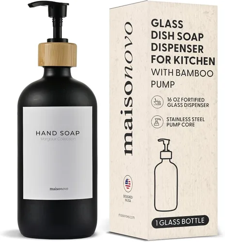 Miniatura 15 de MaisoNovo Dispensador de jabón de manos de vidrio Dispensador de jabón para platos para cocina Botellas ámbar de 16.9 onzas con bomba de bambú