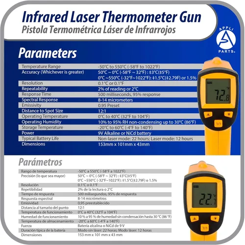 Miniatura 6 de Appli Parts APTT-DLD Pistola de termómetro infrarrojo: versátil herramienta de medición de temperatura láser para cocinar, HVAC, diagnóstico