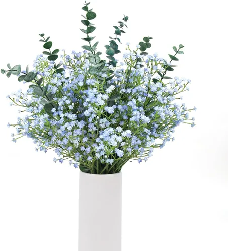 18 ramos de flores artificiales de eucalipto falsas de flores de gypsophila azules artificiales de tacto real para bodas, arreglos florales, Azul 18