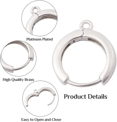 Miniatura 5 de Fashewelry 10 piezas de aretes de aro Huggie – Ganchos redondos de platino real, aros gruesos de latón con lazo para hacer joyas, colgar y perforar