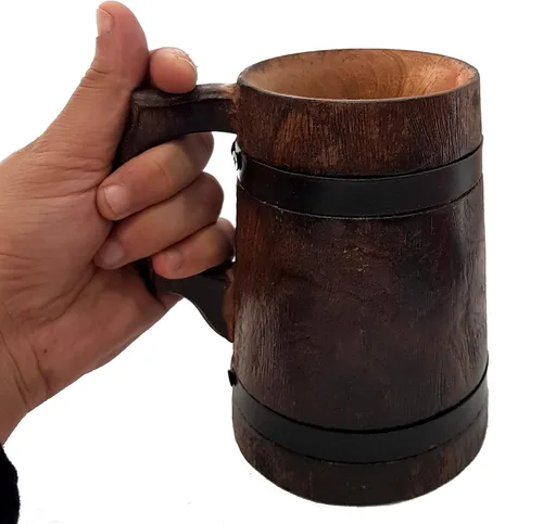 Taza de cerveza de madera hecha a mano, jarra vikinga rústica para café, té o cerveza tallada vintage para padrinos de boda, regalo de boda,
