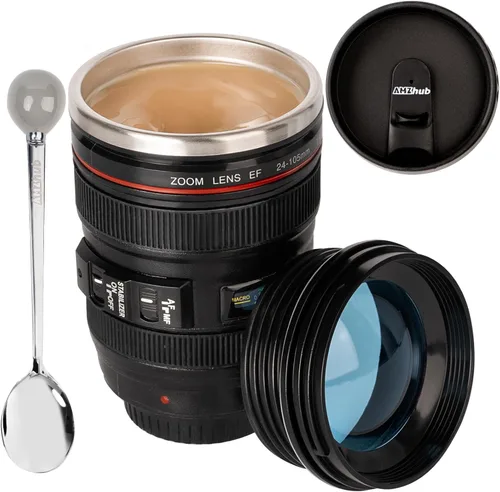 Miniatura 7 de Taza de café con lente de cámara, taza de café de viaje, taza de lente de acero inoxidable, termo con tapa y cuchara, regalos geniales para A azul
