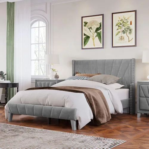 Miniatura 8 de Marco de cama tapizado de terciopelo contemporáneo con acolchado de canal y ribete de cabeza de clavos, no necesita somier (negro, matrimonial)