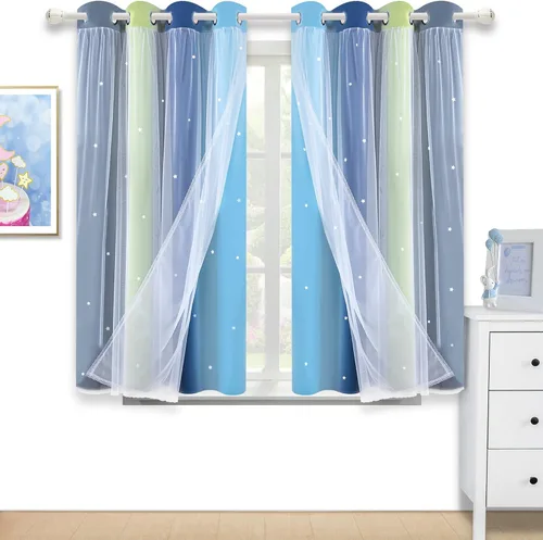 Miniatura 24 de Cortinas opacas con recorte de estrellas y arcoíris para guardería/habitación de niños/niñas, con superposición de tul, 2 paneles, cada una de 52