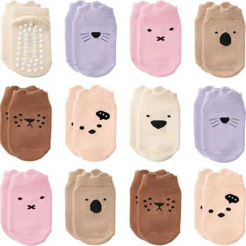 Miniatura 24 de Calcetines con Agarre Antideslizantes de Algodón para Bebés y Niños Pequeños, Niños y Niñas, Paquete de 12 Calcetines de Tobillo Lindos para Niños