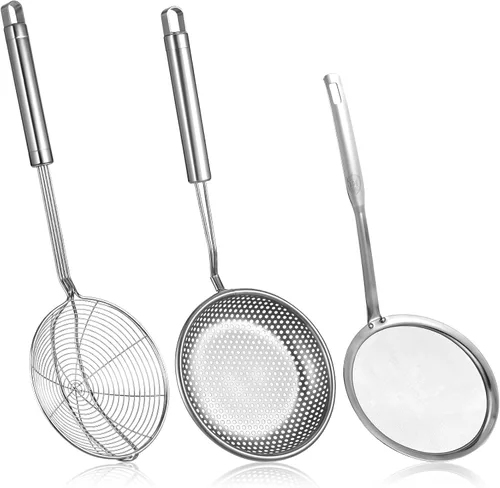 Juego de 3 cucharas de colador y espumadera de araña, cucharón de acero inoxidable, tamiz de alambre de metal, agujeros grandes, colador ranurado,