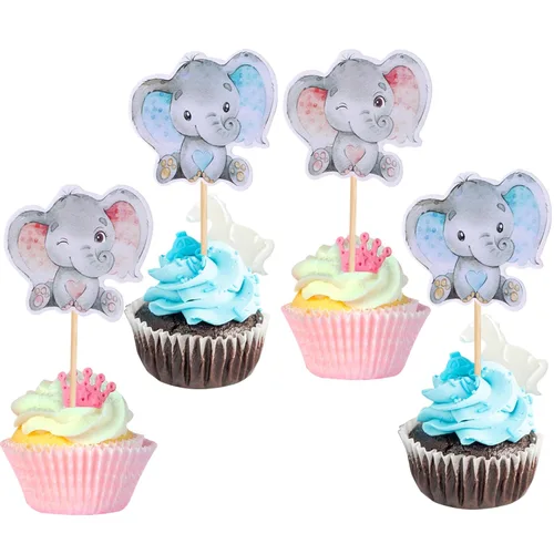 36 piezas de decoración de cupcakes de elefante rosa o azul para baby shower, niño o niña, para temática de elefante, revelación de género, baby