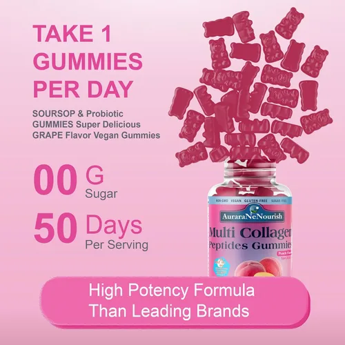 Miniatura 5 de Gomitas de péptidos de colágeno múltiple, sin azúcar, hidrolizadas, 5000 mg de proteína, tipo I, II, III, V, X, con biotina, ácido hialurónico