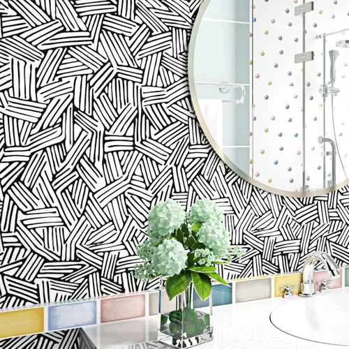 ReWallpaper Papel tapiz moderno de 17.5 x 23 pies, color blanco y negro, papel de contacto geométrico neutro, autoadhesivo para baño, dormitorio,
