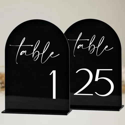 Miniatura 11 de Números de mesa de acrílico de arco negro con soportes 1-15, letrero acrílico arqueado negro de 5 x 7 pulgadas y base, números de mesa de arco