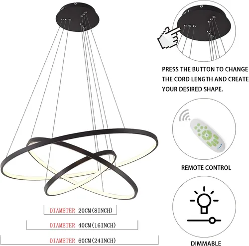 Miniatura 4 de LightInTheBox Lámpara colgante de 3 anillos para sala de estar, comedor, luz de techo moderna, diseño de círculo, 20+40+23.6 in, color = negro