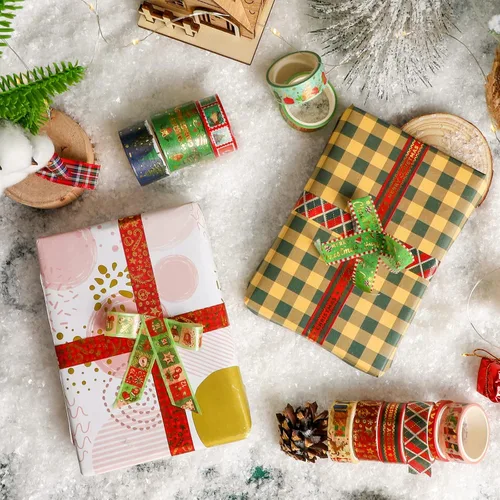 Miniatura 6 de 16 rollos de cinta adhesiva Washi de Navidad, cinta de enmascarar festiva, 4 tamaños, rojo y verde, cinta de envolver navideña, cinta decorativa
