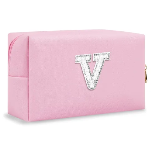 Miniatura 244 de Pequeña bolsa de maquillaje personalizada con inicial A-Z Preppy Patch, bolsa de cosméticos de viaje de felpilla blanca con cremallera, bonita bolsa