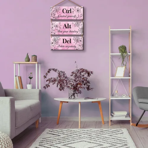 Miniatura 2 de 3 piezas de decoración de pared rosa intenso para niña, decoración de pared de oficina, arte floral de madera, inspirador con citas positivas Ctrl