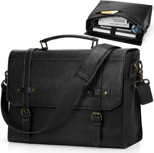 Miniatura 12 de RAINSMORE Bolsa de mensajero para hombre de 17 pulgadas, impermeable, de piel vintage, maletín para laptop, bolsa grande para laptop, bolsa de Marrón