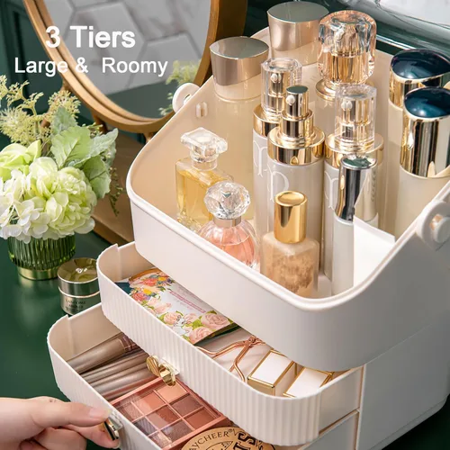 Miniatura 5 de Organizador de maquillaje Preppy para el cuidado de la piel, caja de almacenamiento de cosméticos, vitrina de 3 niveles, cubierta libre de polvo