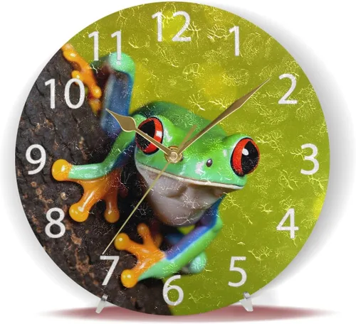 Miniatura 6 de Reloj de pared redondo con diseño de rana de árbol de ojos rojos, pintura al óleo silenciosa sin tictac, decorativo para el hogar, oficina, escuela