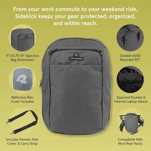 Miniatura 2 de Retrospec Sidekick Pannier Bike Bag - Waterproof Commuter Pannier with Laptop Sleeve, Reflective Rain Cover & Carry Strap - Eco-Friendly 600D rPET
