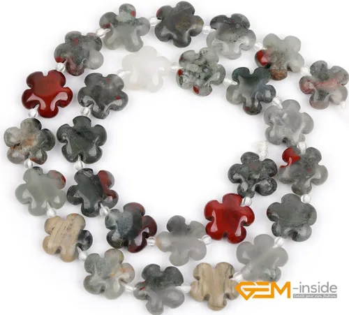 Miniatura 2 de GEM-Inside - 26 cuentas semipreciosas de 0.594 pulgadas (0.591 in) con diseño de flores de plantas naturales de África Bood Jasper para hacer joyas