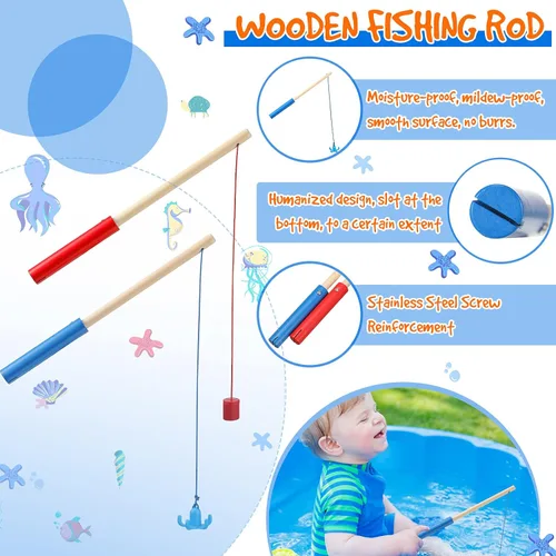 Miniatura 4 de Sumind 6 cañas de pescar magnéticas de madera para niños con ganchos magnéticos, juguete de verano, playa, piscina, actividad, regalos para jardín