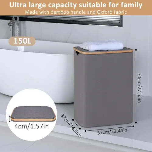 Miniatura 2 de iEGrow - Canasta de lavandería de 150 litros con tapa - Gran canasta de lavandería con asas de bambú, color gris, cestas para lavandería, cesta