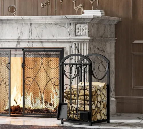 Miniatura 8 de Kingson Estante para leña con soportes de madera para interior, estante de herramientas para chimenea al aire libre, estante de leña, almacenamiento
