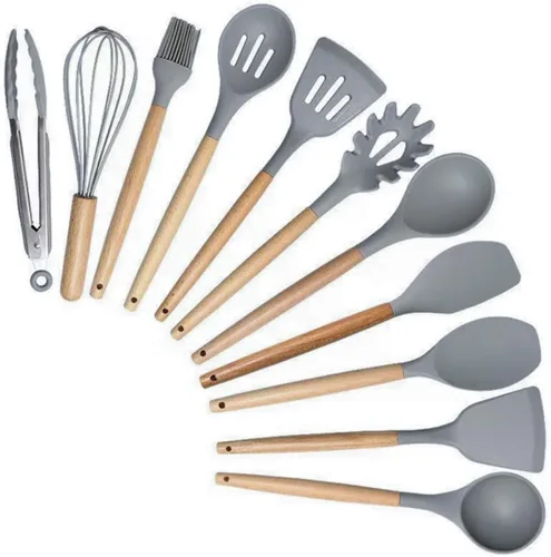 Miniatura 7 de Juego de utensilios de cocina y bloque de cuchillos de 19 piezas: 12 utensilios de cocina de silicona antiadherentes y resistentes al calor Gris