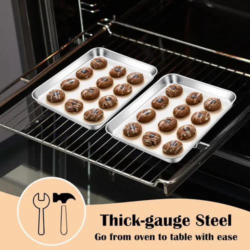 Miniatura 6 de E-far Mini bandeja para horno tostador, bandeja para hornear galletas de acero inoxidable de 9.4 x 7.3 pulgadas, bandeja pequeña de metal no tóxico