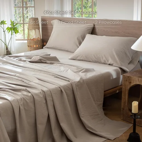 Miniatura 2 de MooMee – Juego de sábanas 100% algodón lavado con textura parecida al lino transpirable duradero suave cómodo (gris crema moteado, Queen)