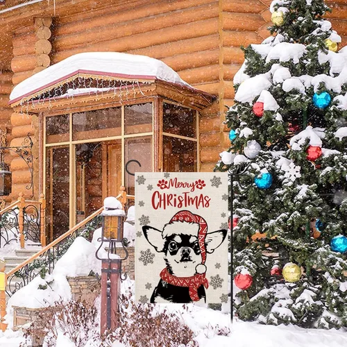 Miniatura 4 de Sombrero de bandera de jardín de Navidad, perro chihuahua con bufanda, decoración navideña de invierno, vacaciones, arpillera, vertical, doble cara