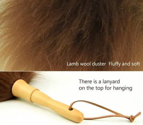 Miniatura 3 de Plumero de lana de cordero de 16 pulgadas de largo, mango de madera maciza, correa para colgar de cuero para limpiar ventiladores de techo, Marrón