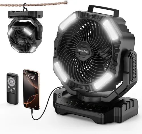 Miniatura 9 de Ventilador de camping Socool con luz - ventilador con batería recargable de 20000 mAh con control remoto, 112 horas y 8 velocidades, pantalla Verde
