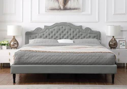 Miniatura 7 de Base de cama de plataforma tapizada tamaño Queen con cabecero ajustable de 47 pulgadas de alto, cama de lino copetuda con botones, soporte de Beige