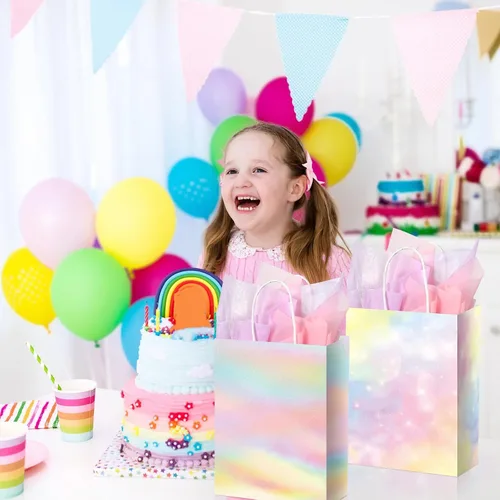 Miniatura 6 de Maitys 24 bolsas de regalo de arcoíris pastel con papel de seda, bolsas de recuerdo de fiesta de Pascua, bolsa de regalo pastel para niños y niñas