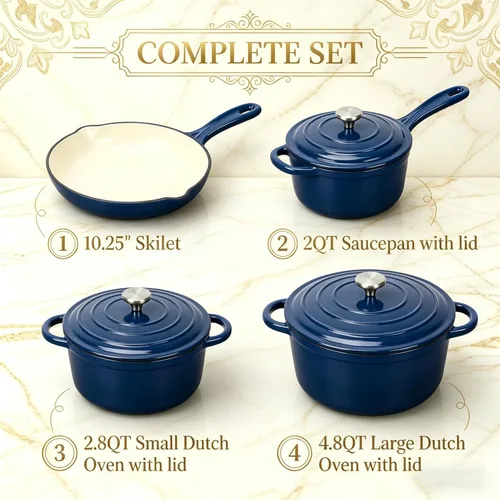 Miniatura 2 de QuliMetal Juego de utensilios de cocina de hierro fundido esmaltado antiadherente, sartén - juego de 7 piezas de ollas y sartenes con tapa, olla
