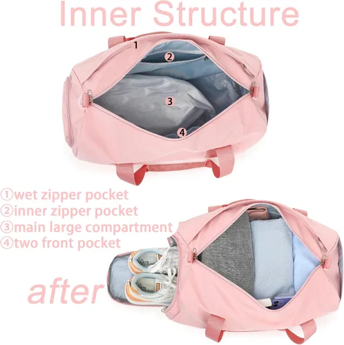 Miniatura 4 de Bolsa de viaje deportiva para gimnasio para hombres y mujeres con compartimento para zapatos, bolsillo húmedo, Rosa (Pure Pink), Bolsa de gimnasio