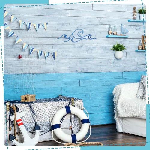 Miniatura 6 de Seeloowy Decoración de pared ondulada, alambre de metal azul, arte de pared con diseño de océano costero, playa, imágenes de surf, guardería