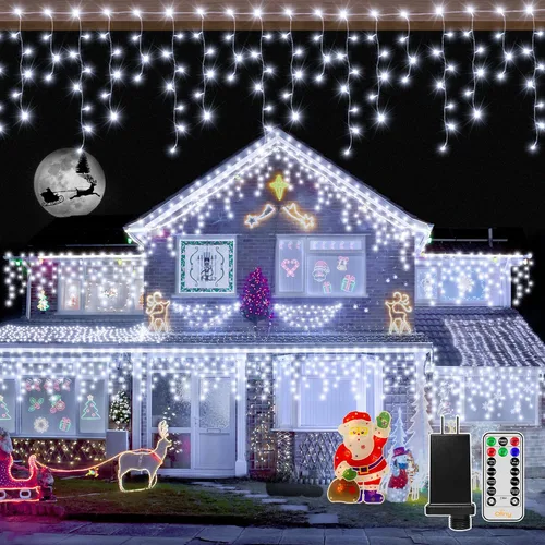 Miniatura 12 de Ollny Luces de Carámbano para Exteriores Blanco Frío, 600LED 49FT Luces de Navidad con Control Remoto 8 Modos Regulables, Impermeable Conectable
