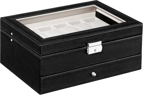 Miniatura 5 de Oyydecor Caja de reloj con 12 ranuras para relojes, organizador de joyas con cajón de joyas para almacenamiento y exhibición con cerradura (beige)