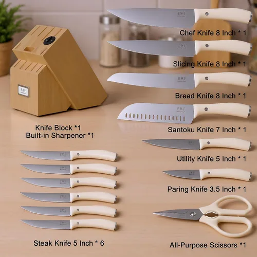 Miniatura 2 de WANGMAZI Juego de cuchillos de cocina de 15 piezas con afilador integrado, juego de cuchillos de cocina aptos para lavavajillas, cuchillos de acero