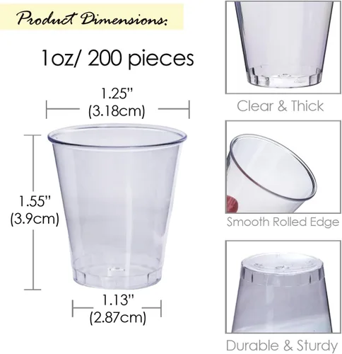 Miniatura 2 de 200 piezas de vasos shot transparentes premium de 1 onza. Vasos transparentes desechables para degustación de vino, vodka, whisky, chupitos