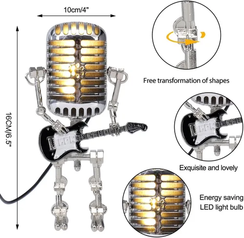 Miniatura 3 de Lámpara de Robot de Guitarra con Micrófono Vintage, Regalos de Música para Hombres, Regalos Geniales para Amantes de la Música, Luz Vintage Blanco